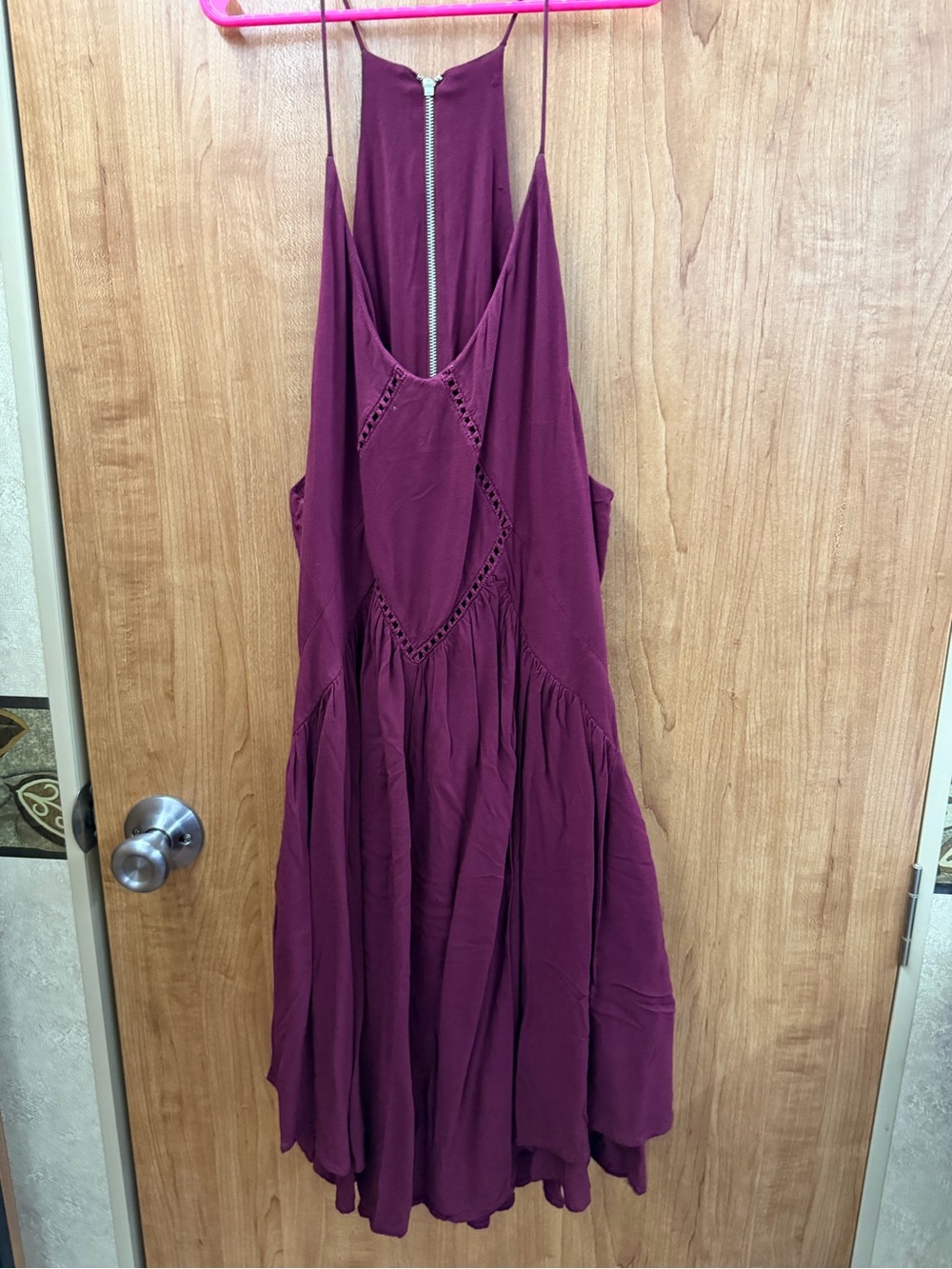 Sleeveless Burgundy Halter Dress with Crochet Detail
